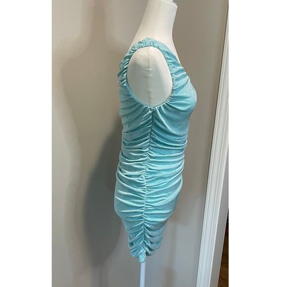 Hello Molly Vlogger Mini Dress Aqua One Shoulder Ruched NWT Sz 8 Body Con Flirty - Picture 5 of 12